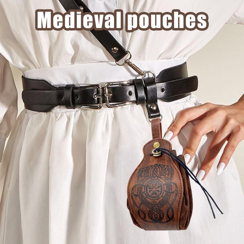 Leather Coin Pouch, Medieval Faux Leather Drawstring Coin Purse with Embossed Design, Vintage Belt Pouch for LARP Cosplay, Daily Use Retro Waist Bag (Brown) - Image 4